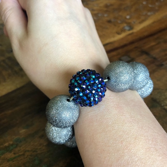 Silver and Iridescent Blue Stretch Bracelet - Picture 3 of 3